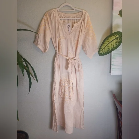 Rhea Handmade Cotton Silk Floral Embroidered White Festival Boho Midi Dress  XL - Picture 3 of 13